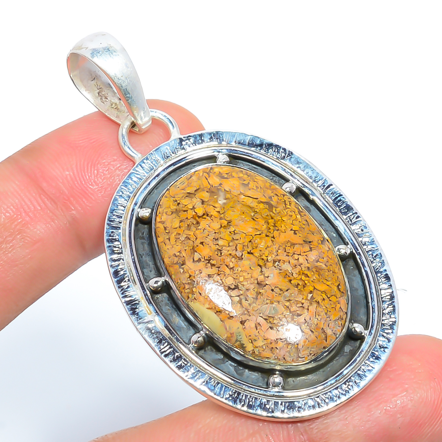 Picture Jasper 925 Sterling Silver Pendant, Handmade Pendant, Oval Pendant, Yellow Pendant, Unique Silver Pendant, Fine Pendant, Silver Jewelry Pendant