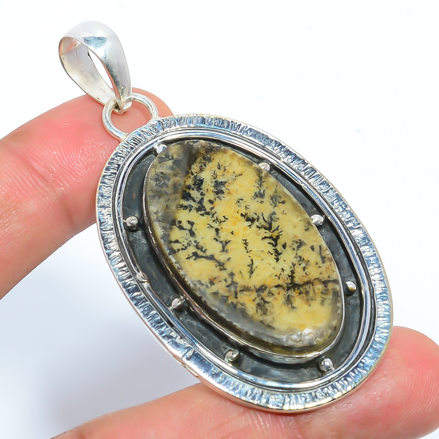 Sonoran Dendritic Jasper 925 Sterling Silver Pendant, Handmade Pendant, Oval Pendant, Green Pendant, Unique Silver Pendant, Fine Pendant, Silver Jewelry Pendant