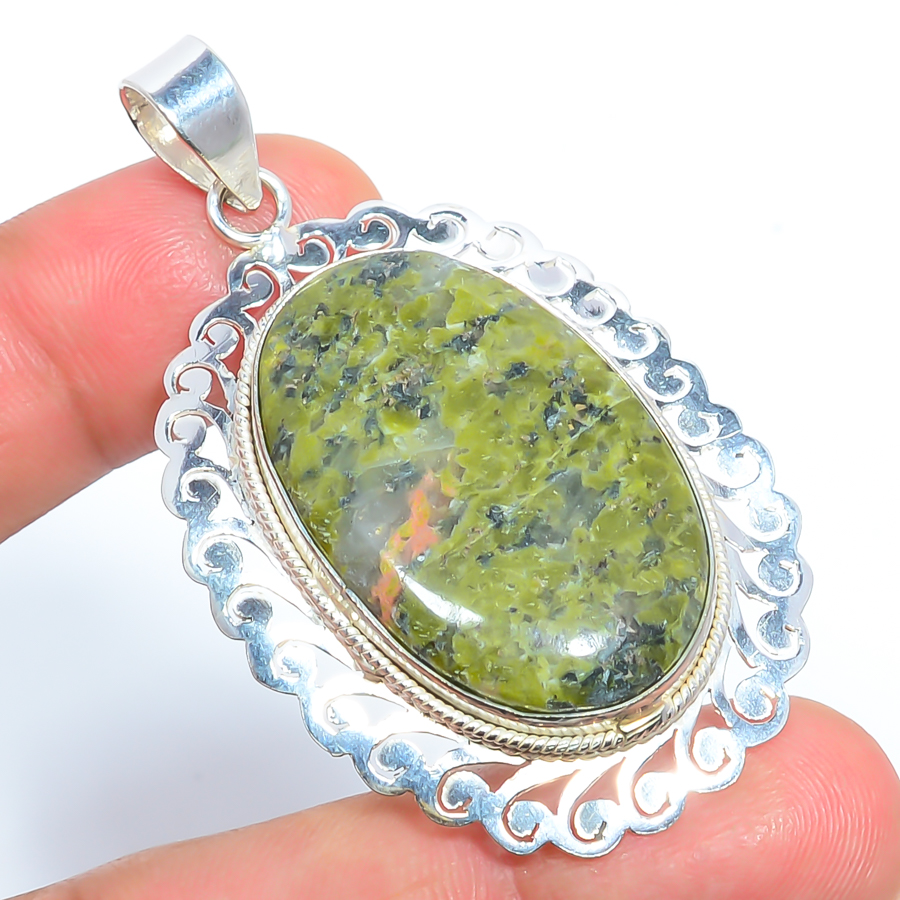 Unakite Jasper Silver Filigree Pendant, Handmade Pendant, Oval Pendant, Green Pendant, Unique Silver Pendant, Fine Pendant, Silver Jewelry Pendant