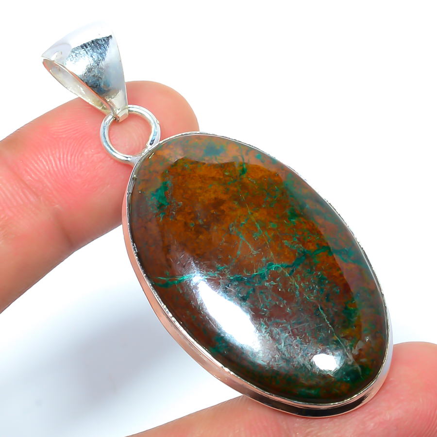 Chrysocolla 925 Sterling Silver Pendant, Handmade Pendant, Oval Pendant, Green Pendant, Unique Silver Pendant, Fine Pendant, Silver Jewelry Pendant