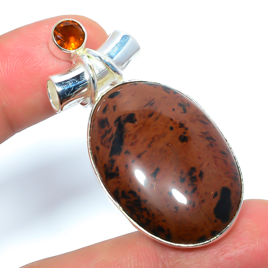 Mahogany Obsidian & Golden Quartz 925 Sterling Silver Pendant, Handmade Pendant, Oval Pendant, Red Pendant, Unique Silver Pendant, Fine Pendant, Silver Jewelry Pendant