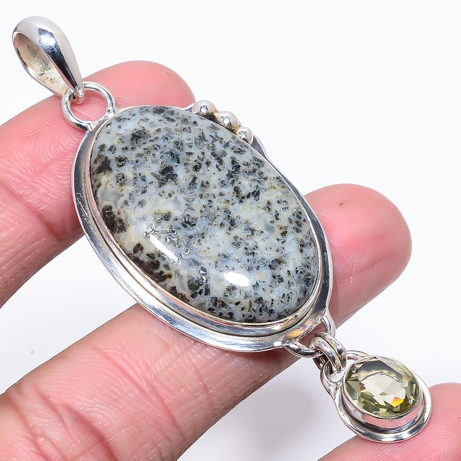 Chalco Pyrite Jasper & Lemon Quartz 925 Sterling Silver Pendant, Handmade Pendant, Oval Pendant, Gray Pendant, Unique Silver Pendant, Fine Pendant, Silver Jewelry Pendant