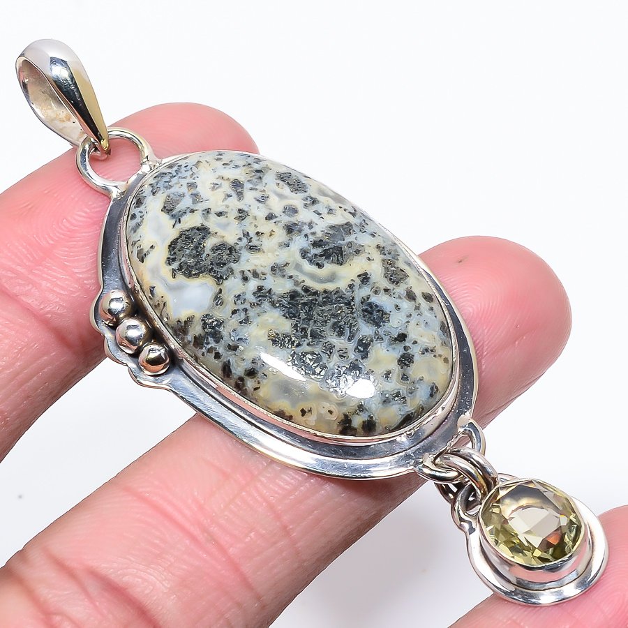 Chalco Pyrite Jasper & Lemon Quartz 925 Sterling Silver Pendant, Handmade Pendant, Oval Pendant, Gray Pendant, Unique Silver Pendant, Fine Pendant, Silver Jewelry Pendant