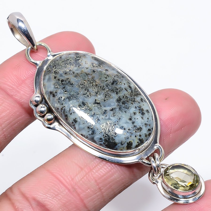 Chalco Pyrite Jasper & Lemon Quartz 925 Sterling Silver Pendant, Handmade Pendant, Oval Pendant, Gray Pendant, Unique Silver Pendant, Fine Pendant, Silver Jewelry Pendant