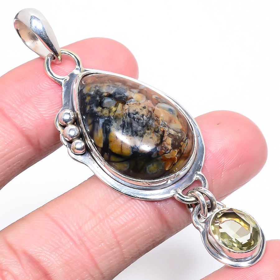 Picasso Jasper & Lemon Quartz 925 Sterling Silver Pendant, Handmade Pendant, Pear Pendant, Black Pendant, Unique Silver Pendant, Fine Pendant, Silver Jewelry Pendant