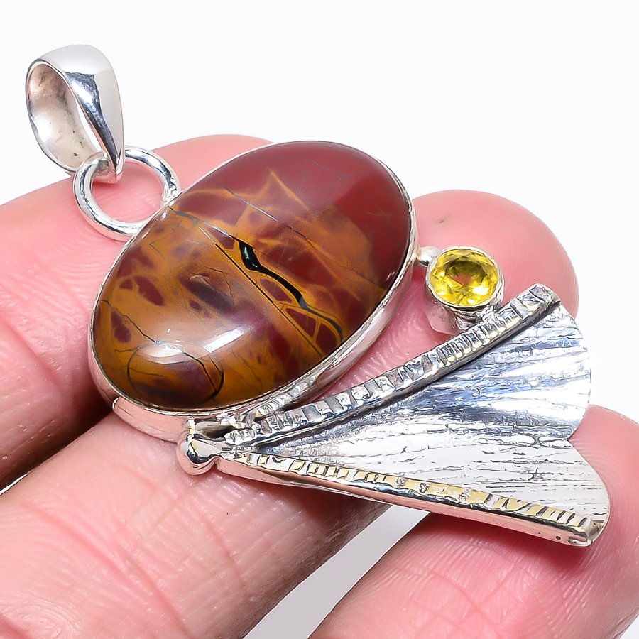 Noreena Jasper & Citrine 925 Sterling Silver Pendant, Handmade Pendant, Oval Pendant, Red Pendant, Unique Silver Pendant, Fine Pendant, Silver Jewelry Pendant