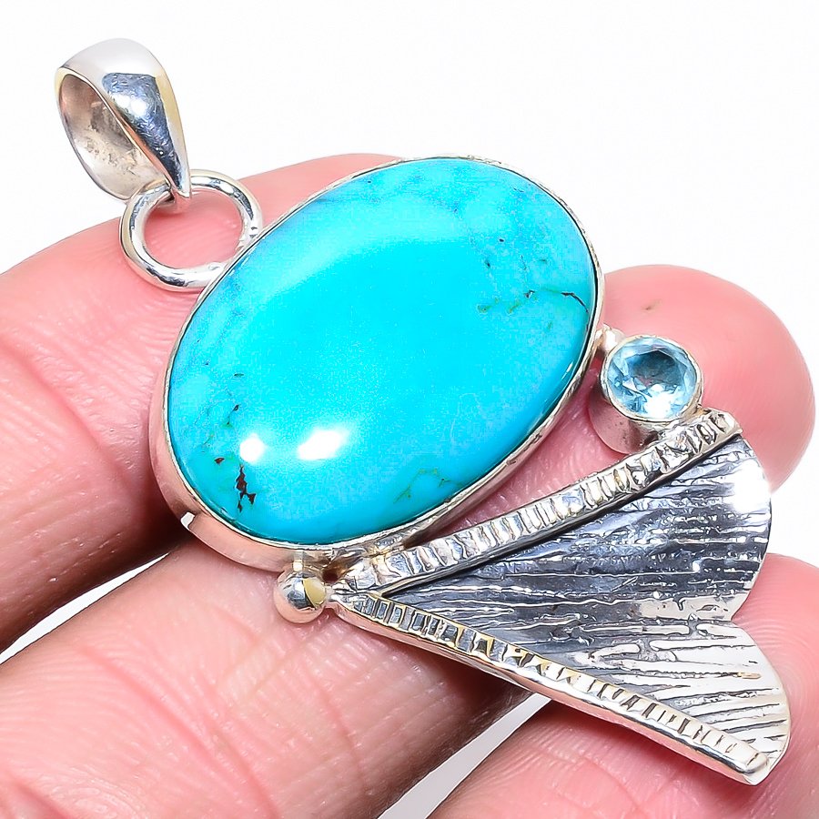 Magnesite Turquoise & Blue Topaz 925 Sterling Silver Pendant, Handmade Pendant, Oval Pendant, Blue Pendant, Unique Silver Pendant, Fine Pendant, Silver Jewelry Pendant