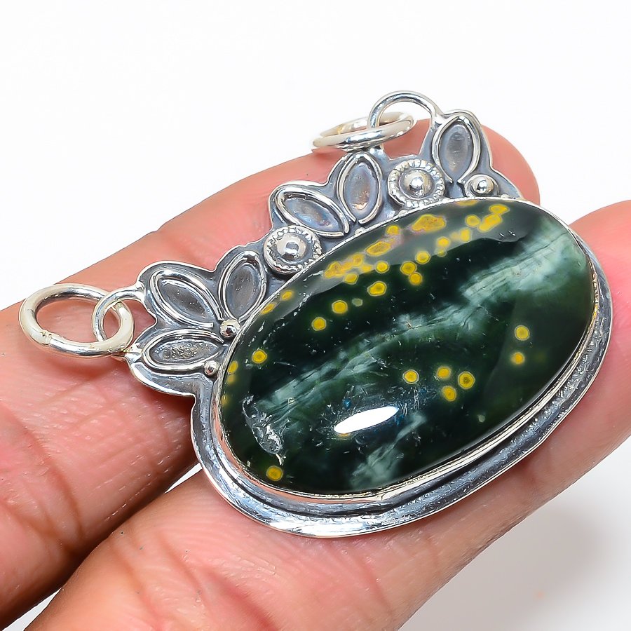 Ocean Jasper 925 Sterling Silver Pendant, Handmade Pendant, Oval Pendant, Green Pendant, Unique Silver Pendant, Fine Pendant, Silver Jewelry Pendant
