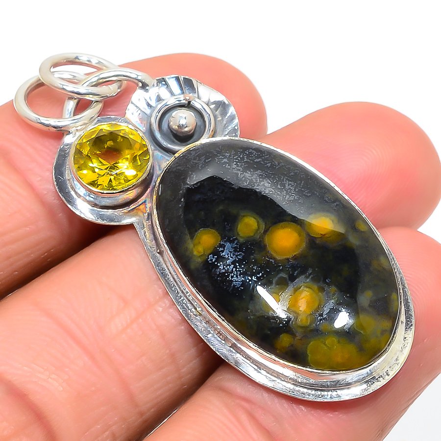 Ocean Jasper & Citrine 925 Sterling Silver Pendant, Handmade Pendant, Oval Pendant, Green Pendant, Unique Silver Pendant, Fine Pendant, Silver Jewelry Pendant