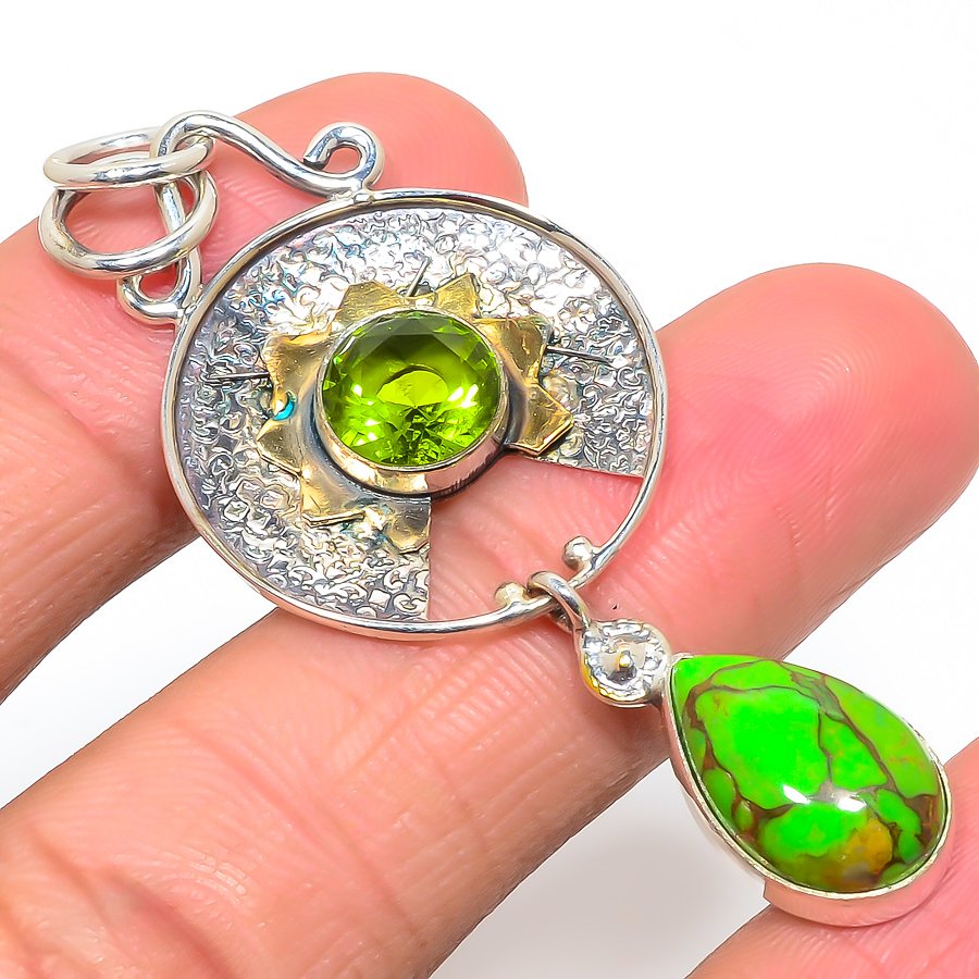 Copper Mohave Green Turquoise & Peridot 925 Sterling Silver Pendant, Handmade Pendant, Pear Pendant, Green Pendant, Unique Silver Pendant, Fine Pendant, Silver Jewelry Pendant