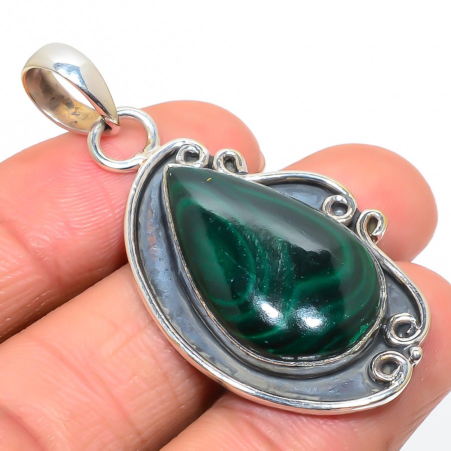 Malachite 925 Sterling Silver Pendant, Handmade Pendant, Pear Pendant, Green Pendant, Unique Silver Pendant, Fine Pendant, Silver Jewelry Pendant