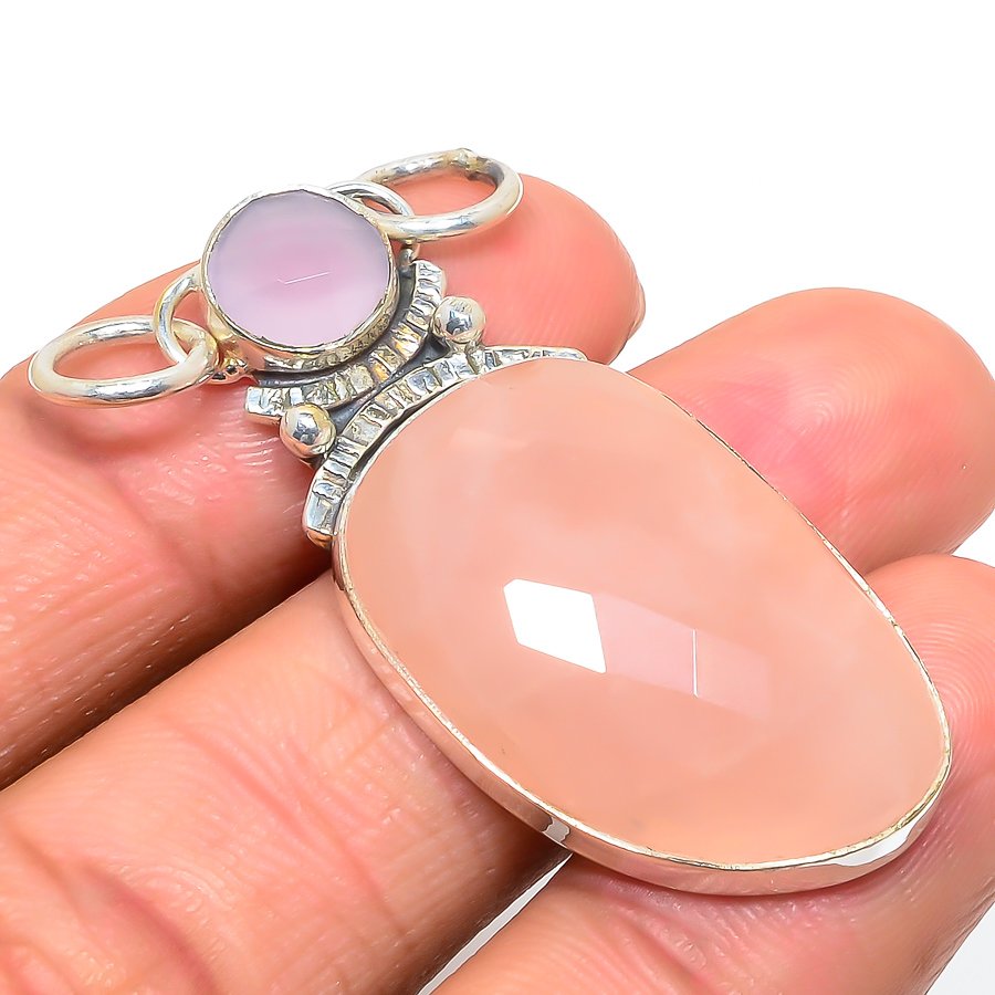 Rose Quartz Silver Handcrafted Pendant, Handmade Pendant, Oval Pendant, Pink Pendant, Unique Silver Pendant, Fine Pendant, Silver Jewelry Pendant
