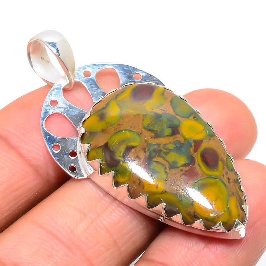 Rhyolite Jasper 925 Sterling Silver Pendant, Handmade Pendant, Pear Pendant, Green Pendant, Unique Silver Pendant, Fine Pendant, Silver Jewelry Pendant