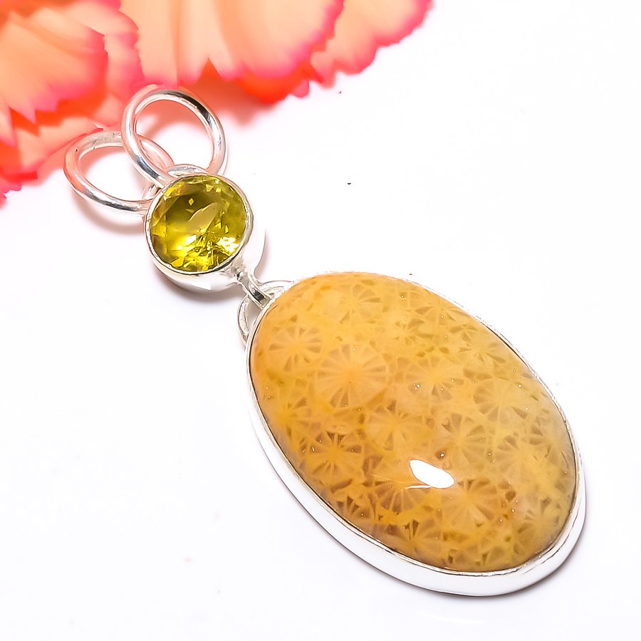 Fossil Coral & Lemon Topaz 925 Sterling Silver Pendant, Handmade Pendant, Oval Pendant, Yellow Pendant, Unique Silver Pendant, Fine Pendant, Silver Jewelry Pendant