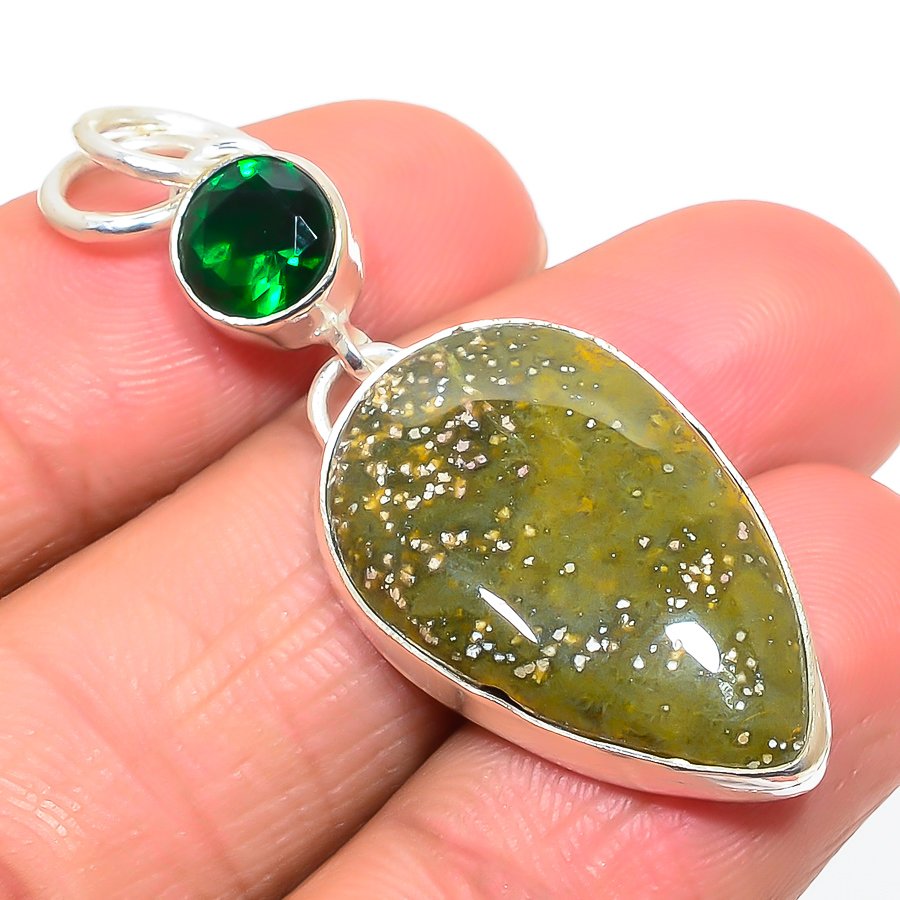 Ocean Jasper & Tsavorite Aritistic 925 Sterling Silver Pendant, Handmade Pendant, Pear Pendant, Green Pendant, Unique Silver Pendant, Fine Pendant, Silver Jewelry Pendant