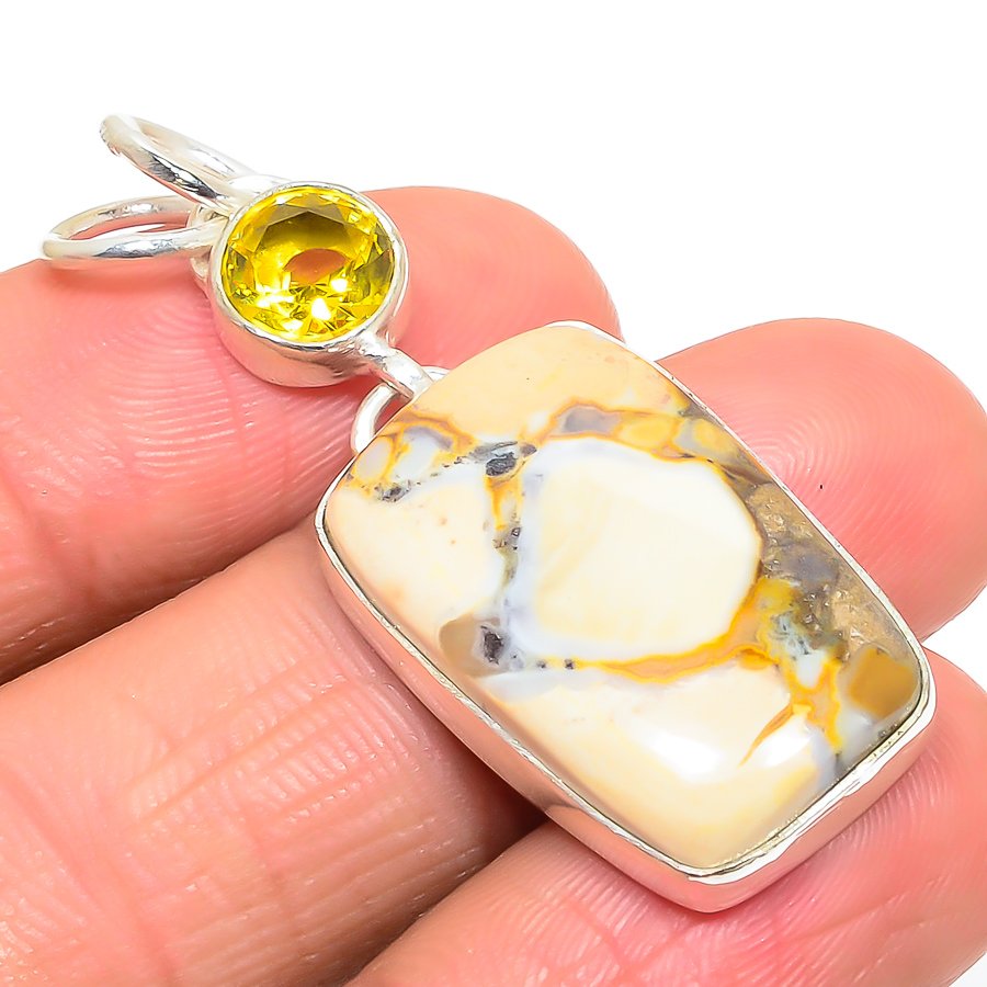 Polka Dot Jasper & Citrine 925 Sterling Silver Pendant, Handmade Pendant, Cushion Pendant, Yellow Pendant, Unique Silver Pendant, Fine Pendant, Silver Jewelry Pendant