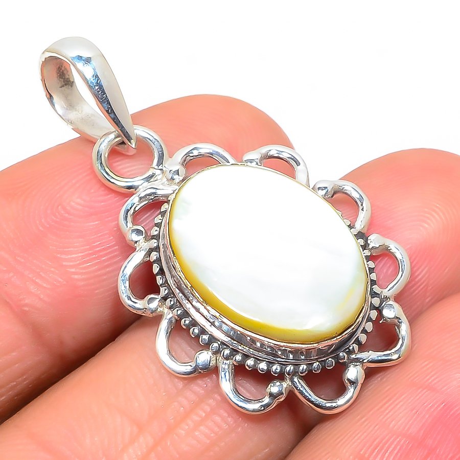 Mother Of Pearl 925 Sterling Silver Pendant, Handmade Pendant, Oval Pendant, White Pendant, Unique Silver Pendant, Fine Pendant, Silver Jewelry Pendant