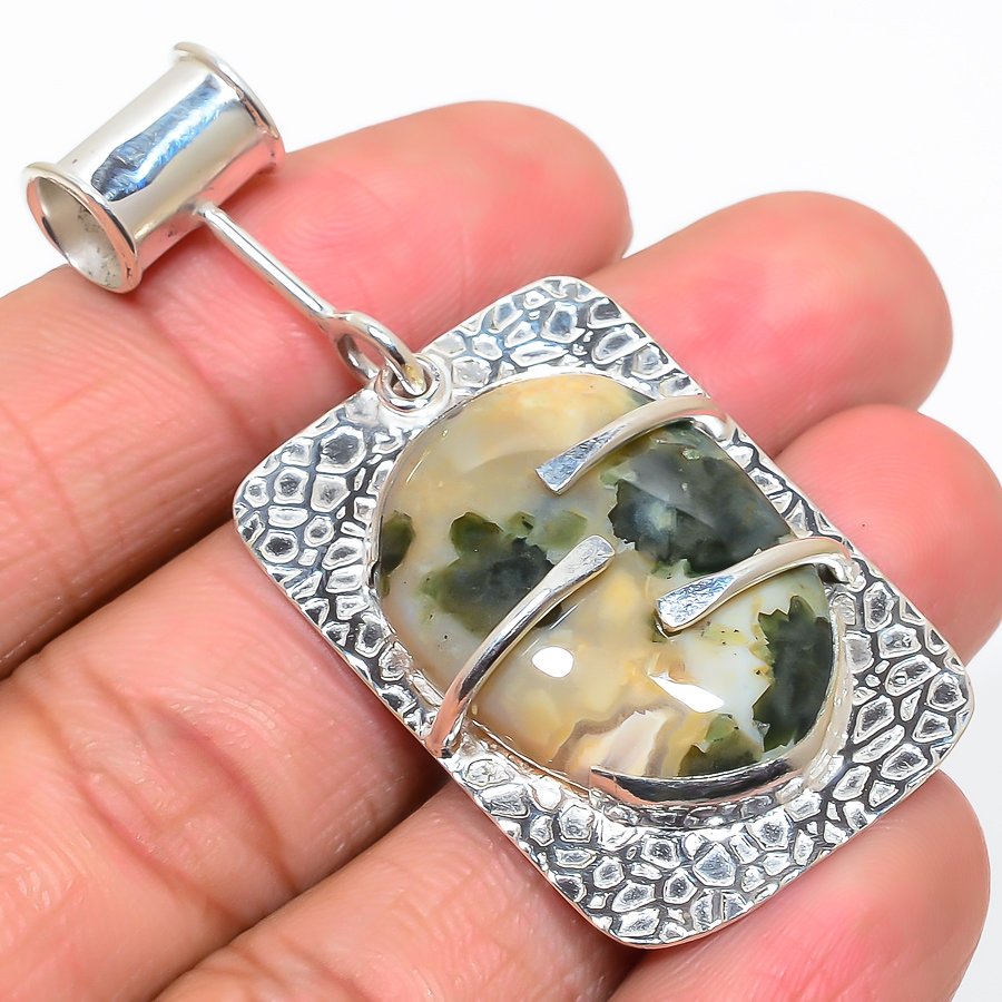 Ocean Jasper 925 Sterling Silver Pendant, Handmade Pendant, Oval Pendant, Green Pendant, Unique Silver Pendant, Fine Pendant, Silver Jewelry Pendant
