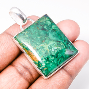 Chrysocolla 925 Sterling Silver Pendant, Handmade Pendant, Baguette Pendant, Green Pendant, Unique Silver Pendant, Fine Pendant, Silver Jewelry Pendant