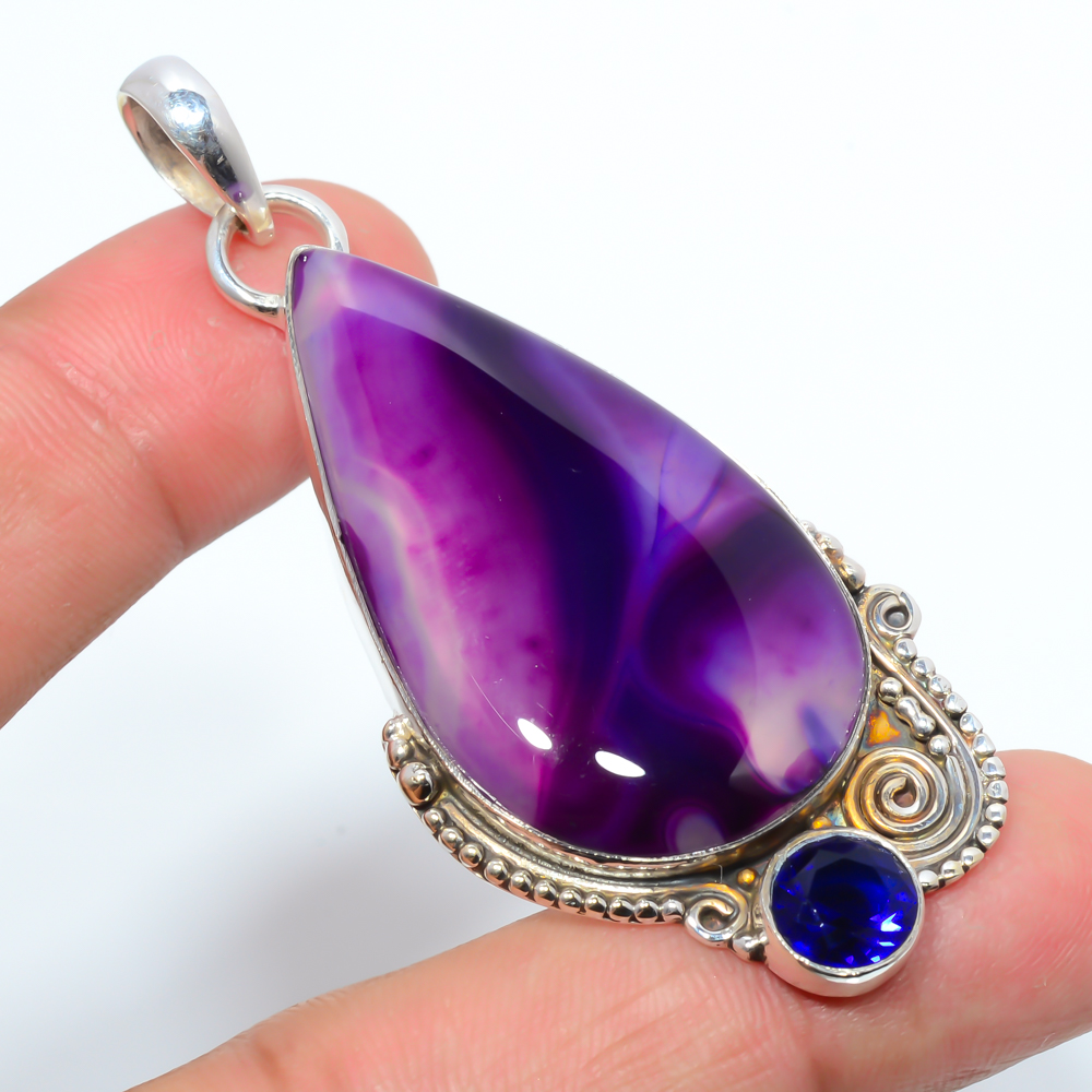 Purple Botswana Agate & Sapphire 925 Sterling Silver Pendant, Handmade Pendant, Pear Pendant, Purple Pendant, Unique Silver Pendant, Fine Pendant, Silver Jewelry Pendant
