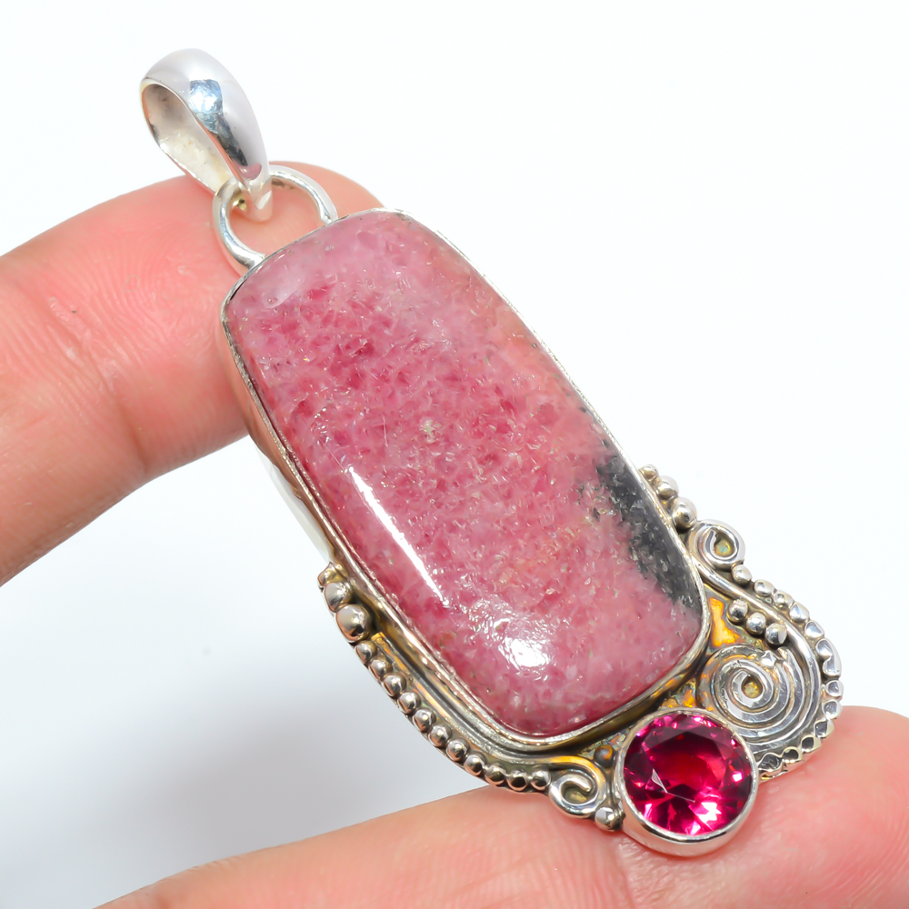 Black Manganesite In Rhodonite & Tourmaline 925 Sterling Silver Pendant, Handmade Pendant, Cushion Pendant, Pink Pendant, Unique Silver Pendant, Fine Pendant, Silver Jewelry Pendant