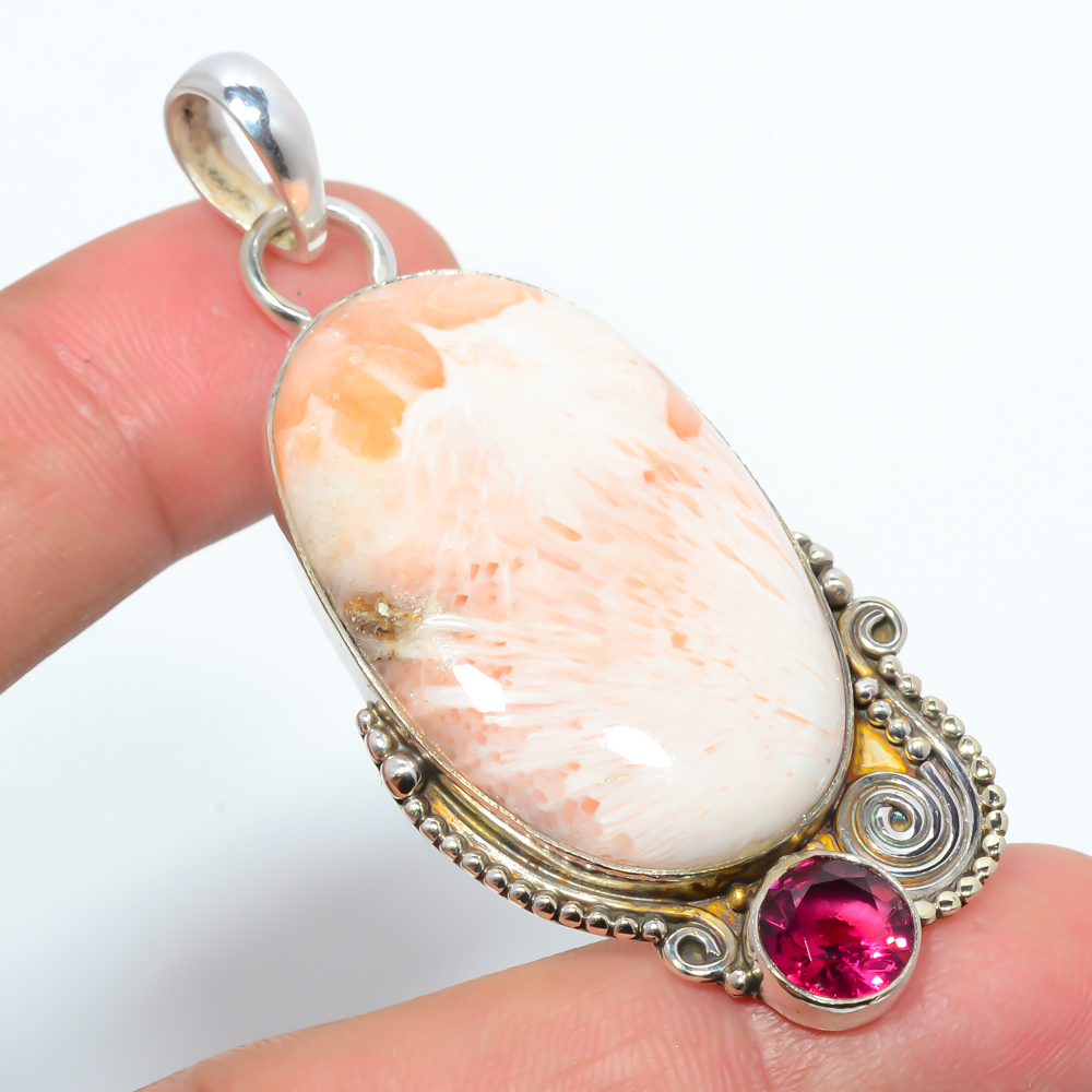 Scolecite & Tourmaline 925 Sterling Silver Pendant, Handmade Pendant, Oval Pendant, Orange Pendant, Unique Silver Pendant, Fine Pendant, Silver Jewelry Pendant