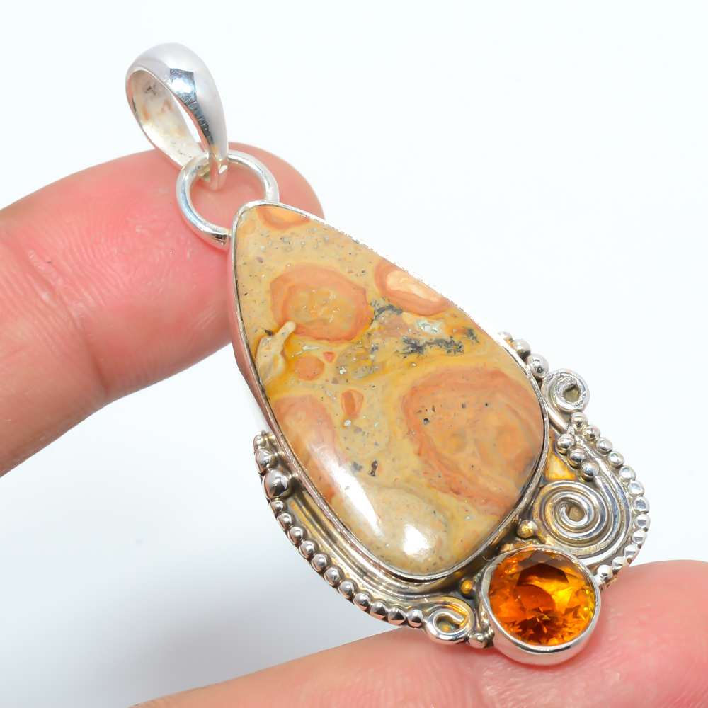 Bird Eye Jasper & Golden Quartz 925 Sterling Silver Pendant, Handmade Pendant, Trillion Pendant, Yellow Pendant, Unique Silver Pendant, Fine Pendant, Silver Jewelry Pendant