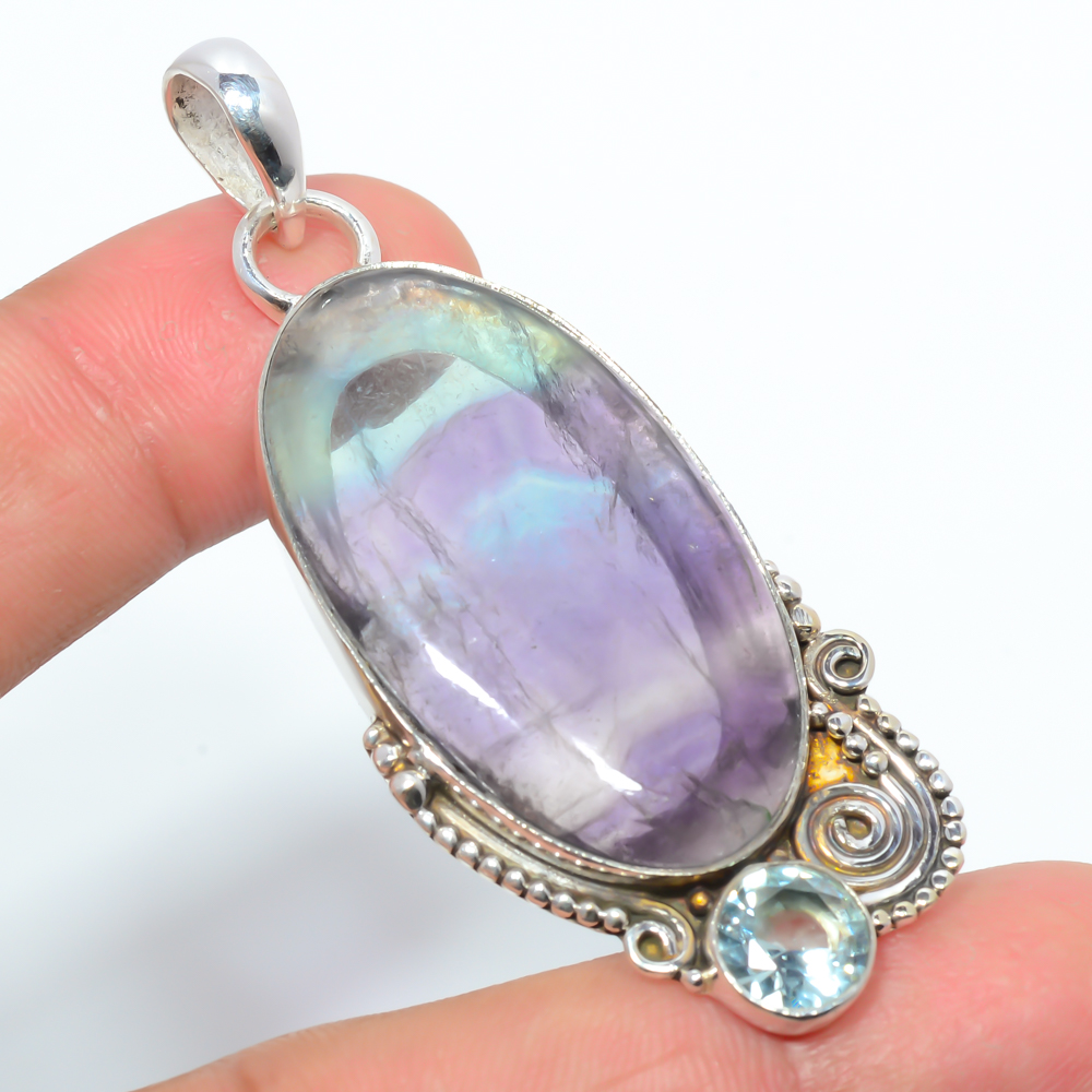 Fluorite & Topaz 925 Sterling Silver Pendant, Handmade Pendant, Oval Pendant, Purple Pendant, Unique Silver Pendant, Fine Pendant, Silver Jewelry Pendant