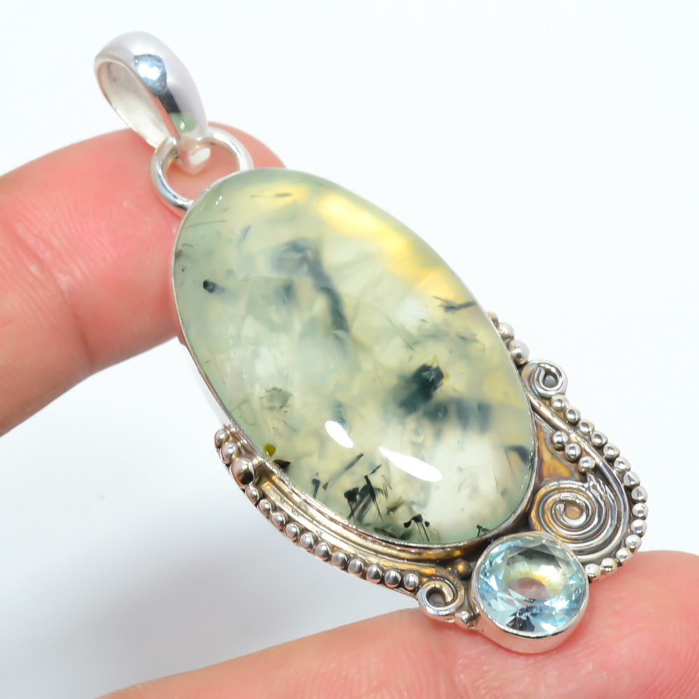 Prehnite & Topaz 925 Sterling Silver Pendant, Handmade Pendant, Oval Pendant, Green Pendant, Unique Silver Pendant, Fine Pendant, Silver Jewelry Pendant