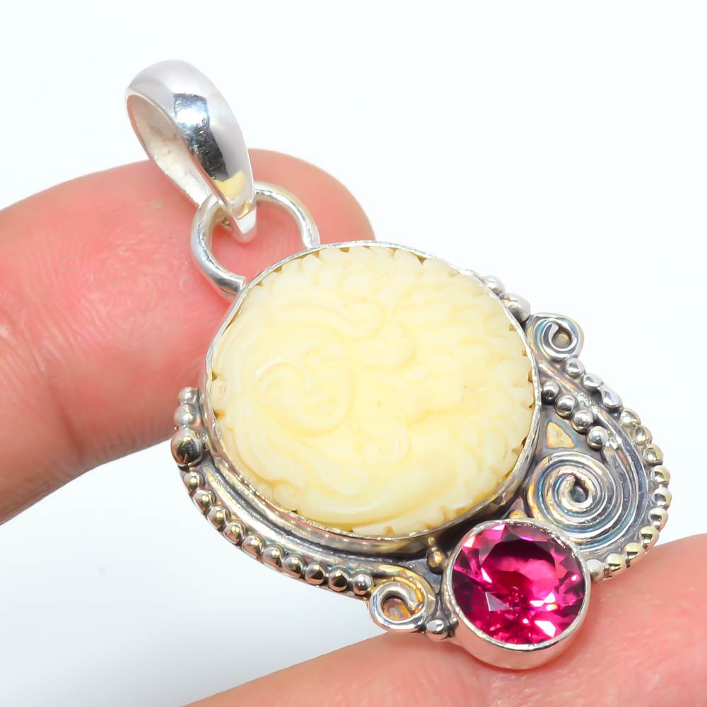 Carved Mermaid Clay & Tourmaline 925 Sterling Silver Pendant, Handmade Pendant, Round Pendant, Yellow Pendant, Unique Silver Pendant, Fine Pendant, Silver Jewelry Pendant
