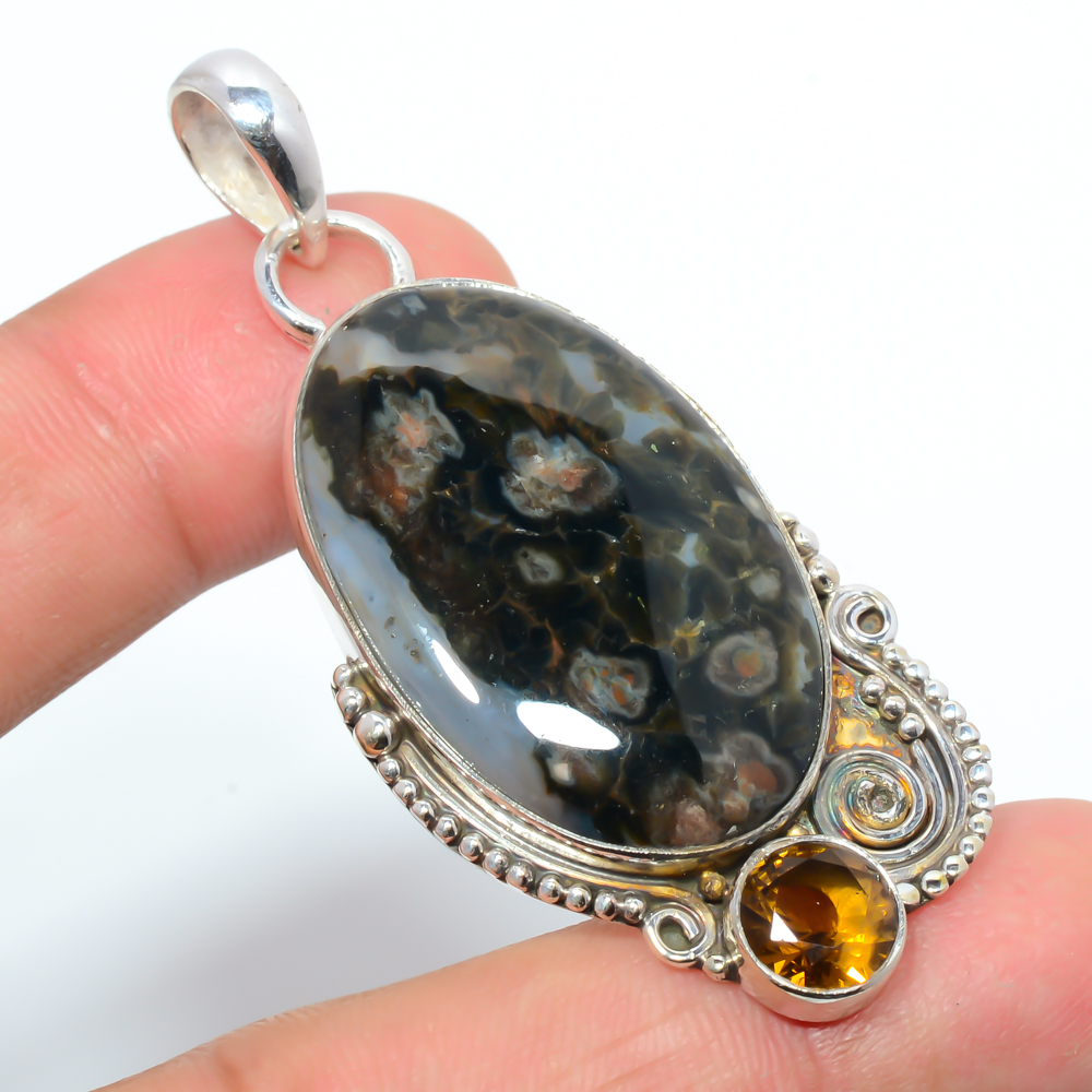 Ocean Jasper & Smoky Quartz 925 Sterling Silver Pendant, Handmade Pendant, Oval Pendant, Green Pendant, Unique Silver Pendant, Fine Pendant, Silver Jewelry Pendant