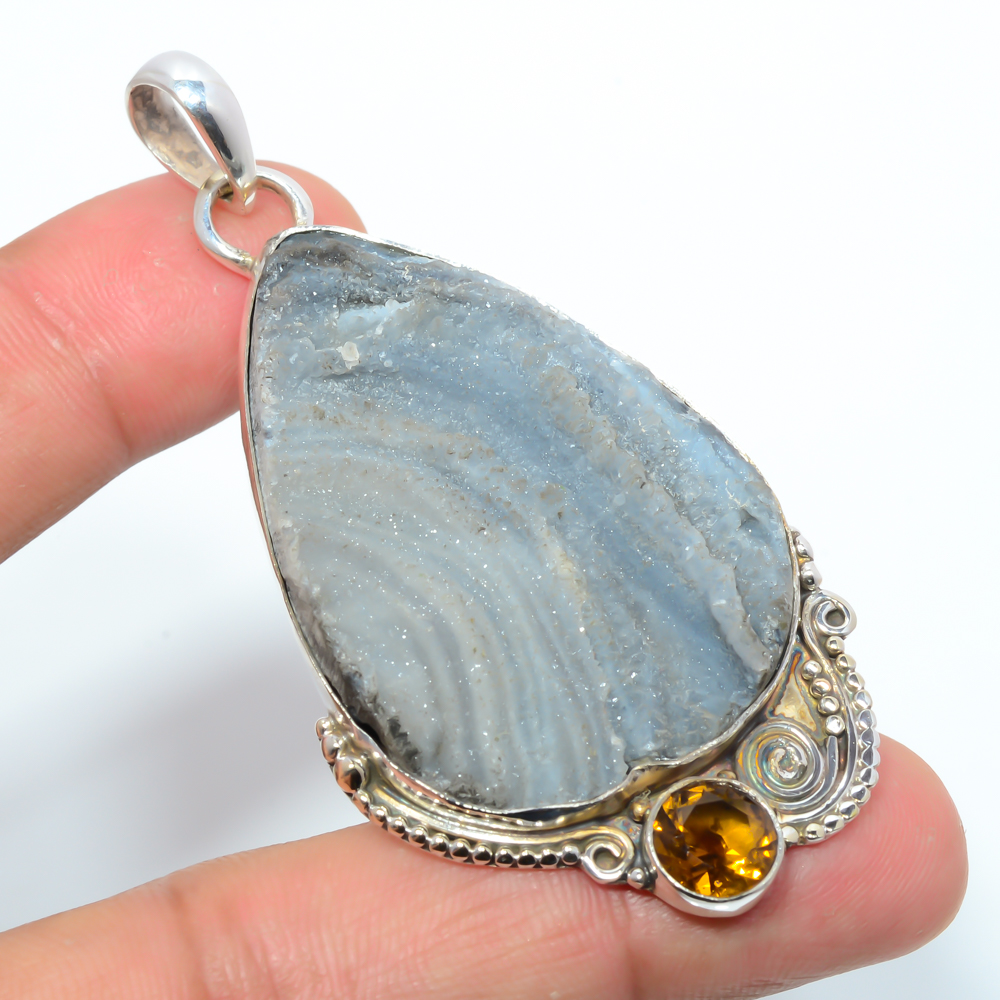 Desert Rose Drusy & Quartz 925 Sterling Silver Pendant, Handmade Pendant, Pear Pendant, Silver Pendant, Unique Silver Pendant, Fine Pendant, Silver Jewelry Pendant