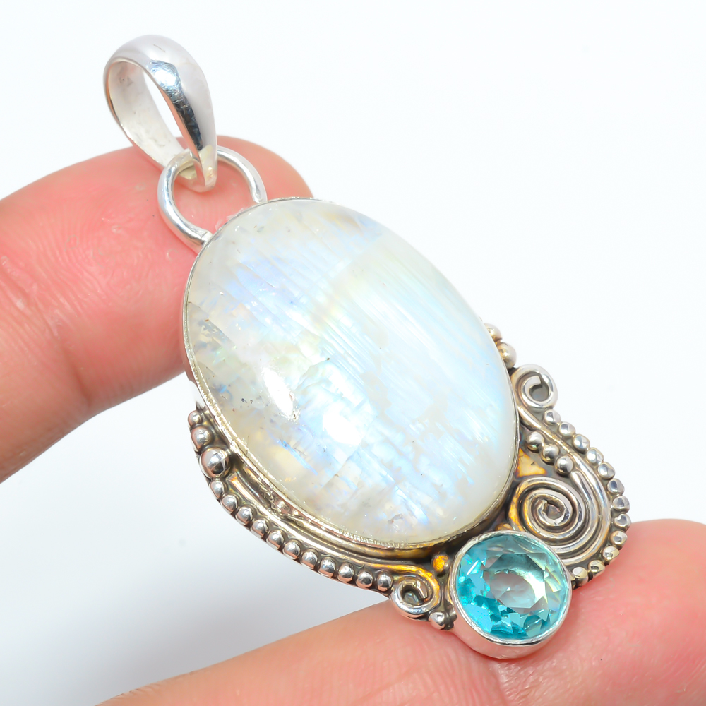 Rainbow Moonstone & Topaz 925 Sterling Silver Pendant, Handmade Pendant, Oval Pendant, White Pendant, Unique Silver Pendant, Fine Pendant, Silver Jewelry Pendant
