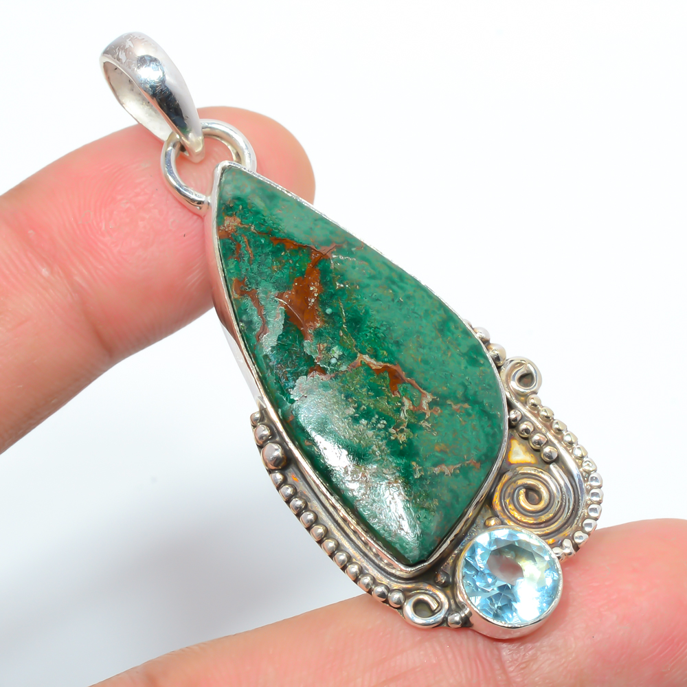 Cuprite Chrysocolla & Topaz 925 Sterling Silver Pendant, Handmade Pendant, Trillion Pendant, Green Pendant, Unique Silver Pendant, Fine Pendant, Silver Jewelry Pendant