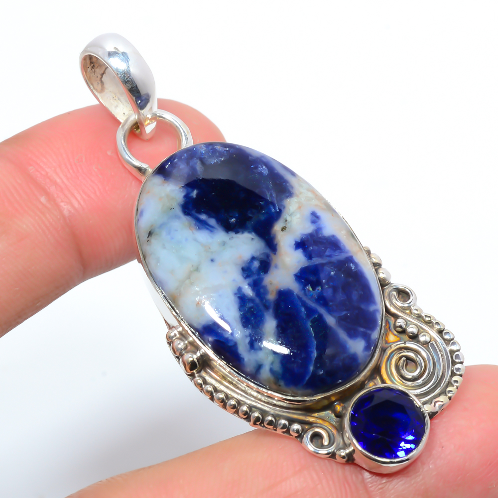 Sodalite & Sapphire 925 Sterling Silver Pendant, Handmade Pendant, Oval Pendant, Blue Pendant, Unique Silver Pendant, Fine Pendant, Silver Jewelry Pendant
