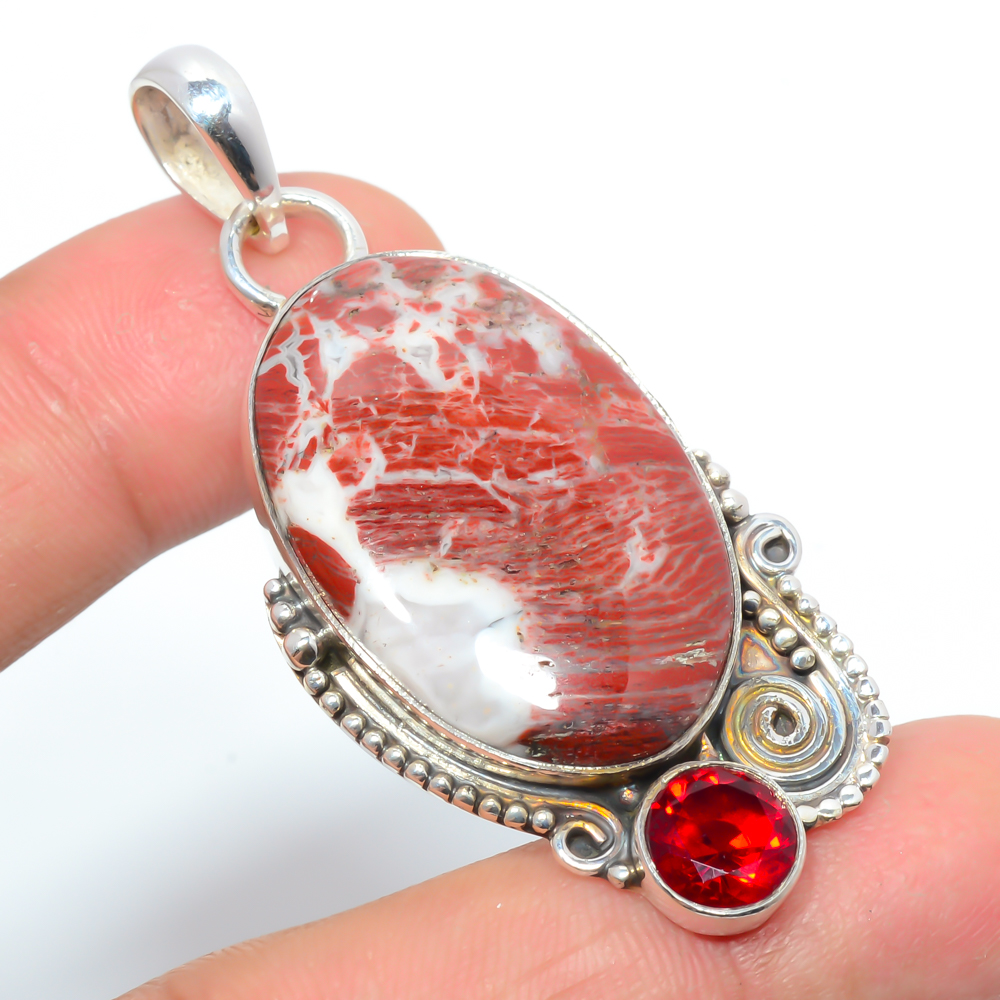 Brecciated Jasper & Garnet 925 Sterling Silver Pendant, Handmade Pendant, Oval Pendant, Red Pendant, Unique Silver Pendant, Fine Pendant, Silver Jewelry Pendant