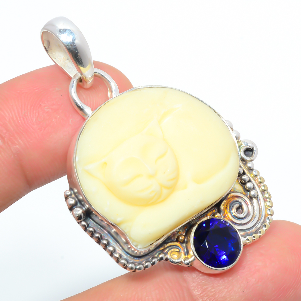 Sleeping Cat Clay & Sapphire 925 Sterling Silver Pendant, Handmade Pendant, Fancy Pendant, Yellow Pendant, Unique Silver Pendant, Fine Pendant, Silver Jewelry Pendant