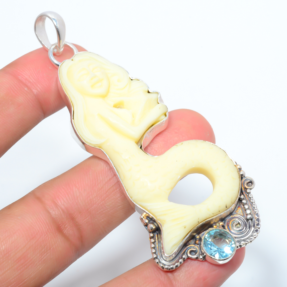 Carved Mermaid Clay 925 Sterling Silver Pendant, Handmade Pendant, Oval Pendant, Yellow Pendant, Unique Silver Pendant, Fine Pendant, Silver Jewelry Pendant