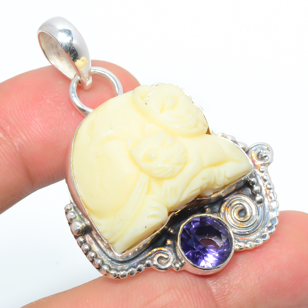 Motherhood Of Cat Clay & Iolite 925 Sterling Silver Pendant, Handmade Pendant, Fancy Pendant, Yellow Pendant, Unique Silver Pendant, Fine Pendant, Silver Jewelry Pendant
