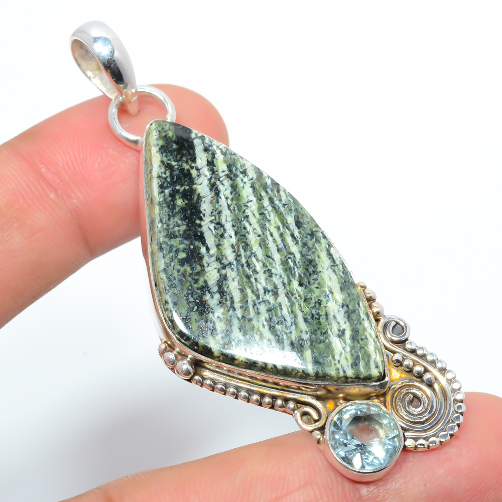 Swiss Green Jasper & Topaz 925 Sterling Silver Pendant, Handmade Pendant, Trillion Pendant, Green Pendant, Unique Silver Pendant, Fine Pendant, Silver Jewelry Pendant