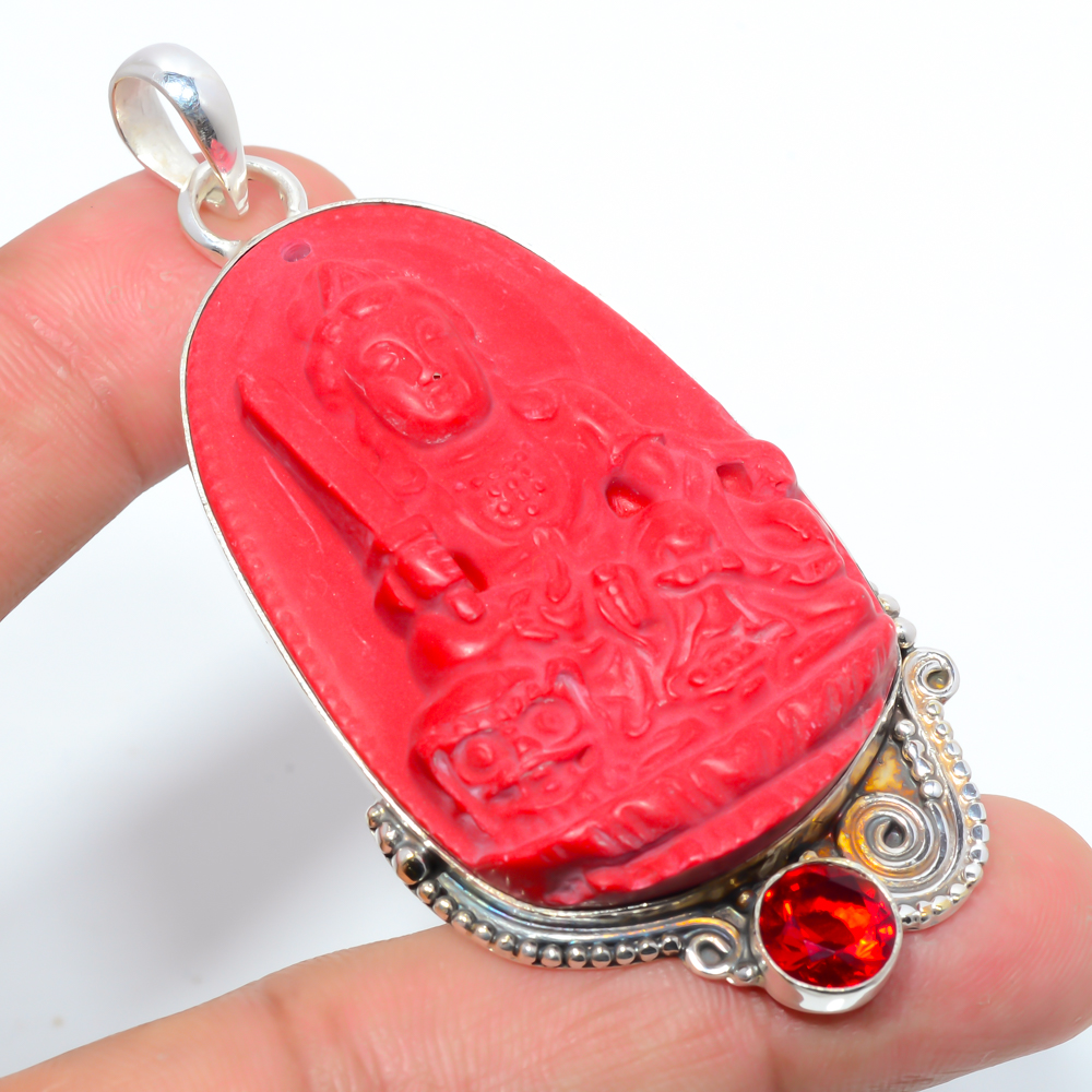 Carved Red Coral & Garnet 925 Sterling Silver Pendant, Handmade Pendant, Oval Pendant, Red Pendant, Unique Silver Pendant, Fine Pendant, Silver Jewelry Pendant
