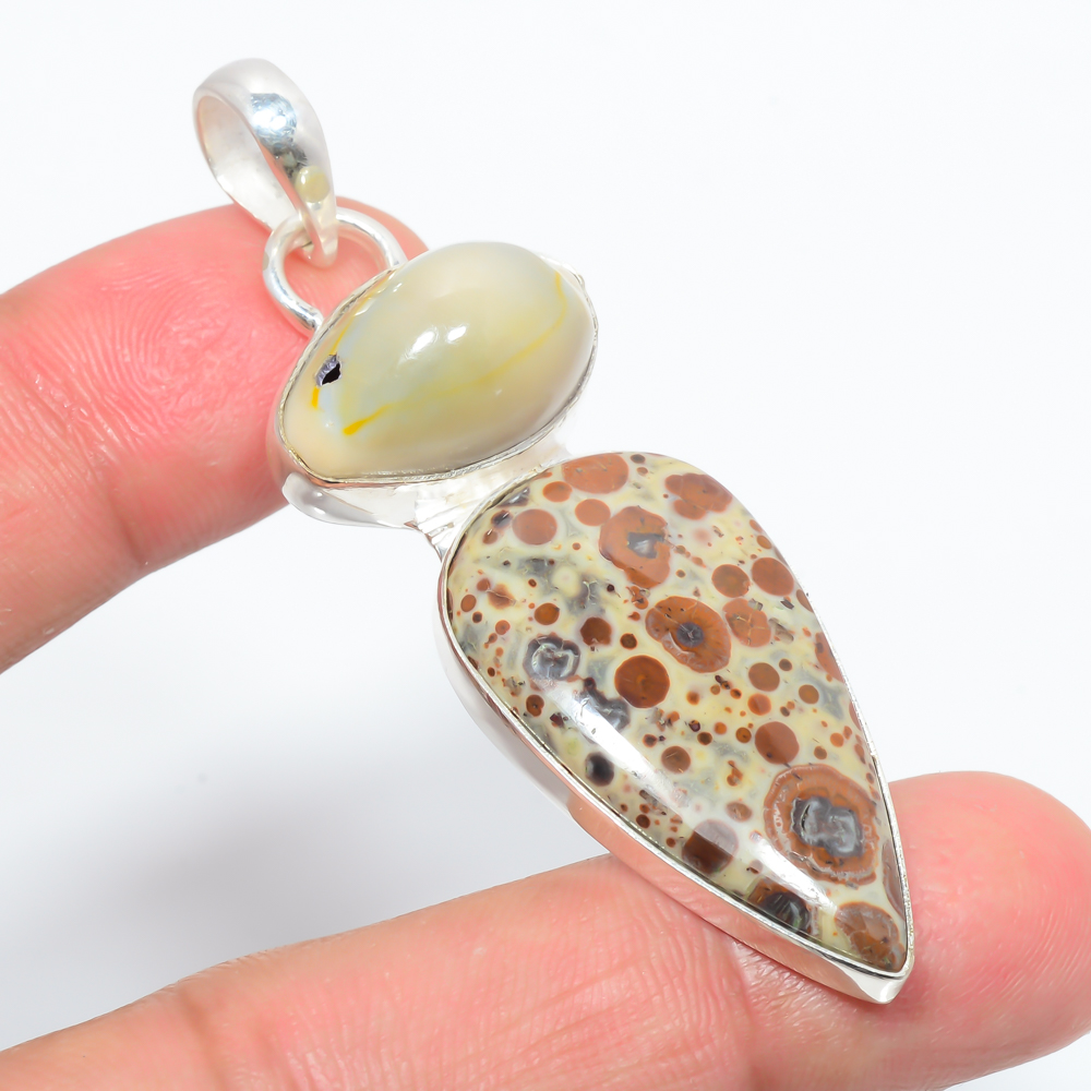 Leopard Skin Jasper & Shell 925 Sterling Silver Pendant, Handmade Pendant, Pear Pendant, Brown Pendant, Unique Silver Pendant, Fine Pendant, Silver Jewelry Pendant