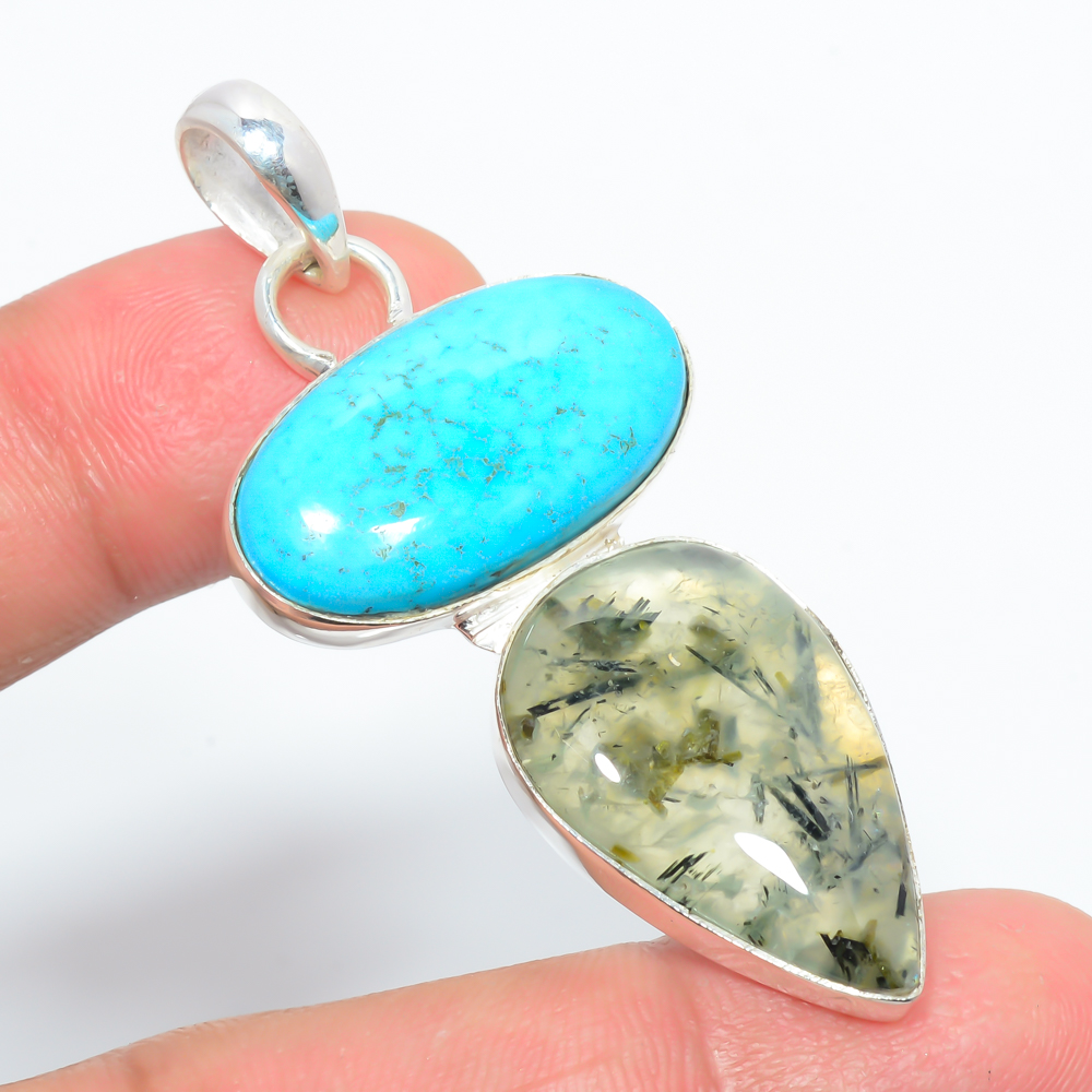 Prehnite & Turquoise 925 Sterling Silver Pendant, Handmade Pendant, Pear Pendant, Green Pendant, Unique Silver Pendant, Fine Pendant, Silver Jewelry Pendant
