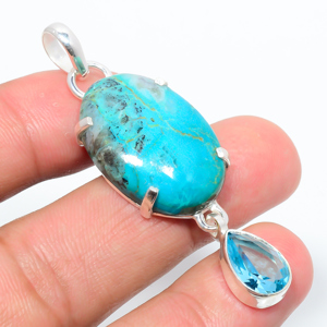 Chrysocolla & Topaz 925 Sterling Silver Pendant, Handmade Pendant, Oval Pendant, Blue Pendant, Unique Silver Pendant, Fine Pendant, Silver Jewelry Pendant