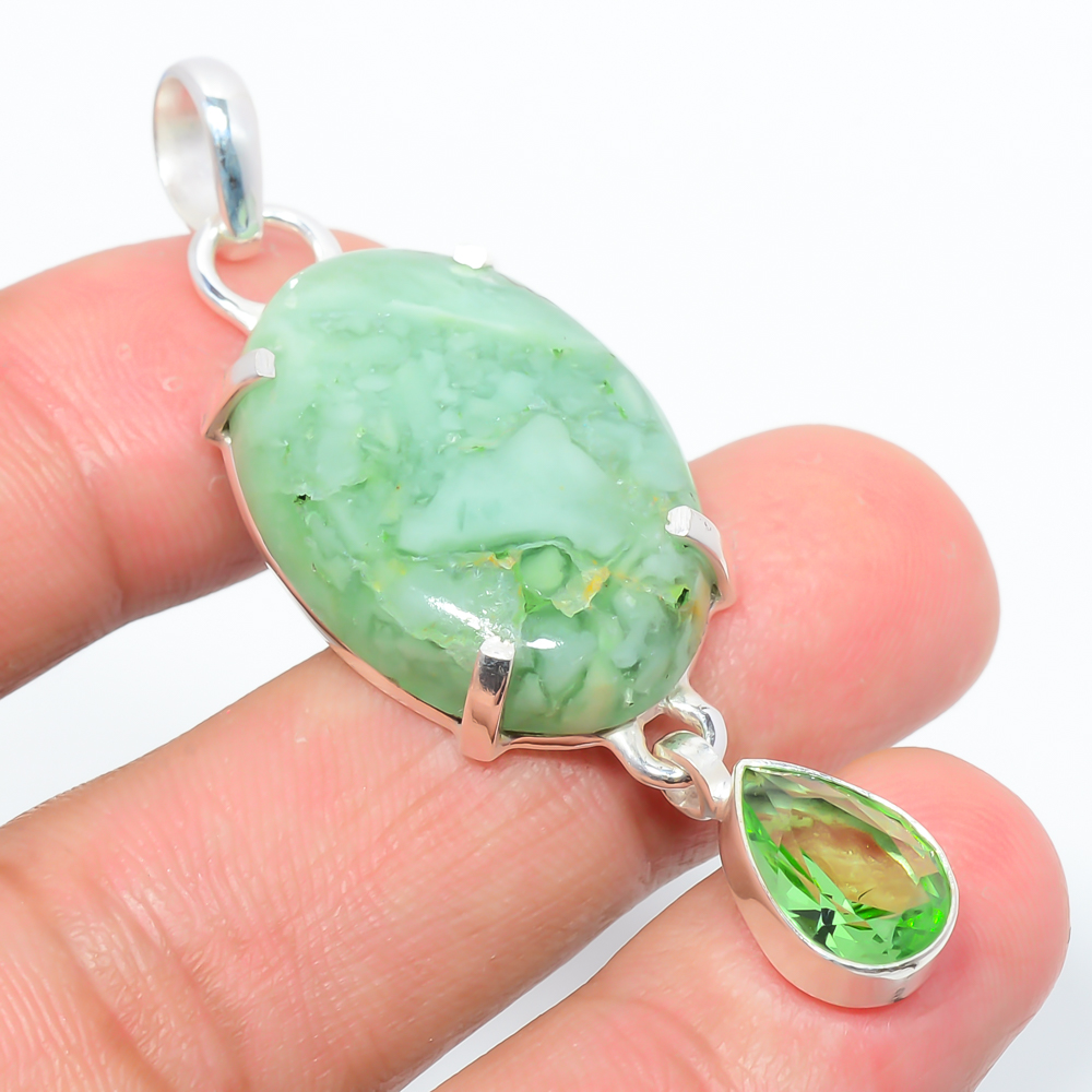Variscite & Amethyst 925 Sterling Silver Pendant, Handmade Pendant, Oval Pendant, Green Pendant, Unique Silver Pendant, Fine Pendant, Silver Jewelry Pendant