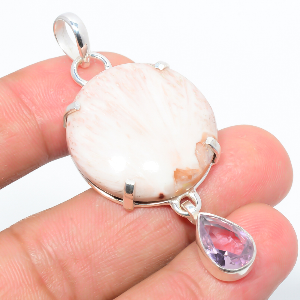Scolecite & Quartz 925 Sterling Silver Pendant, Handmade Pendant, Round Pendant, Orange Pendant, Unique Silver Pendant, Fine Pendant, Silver Jewelry Pendant
