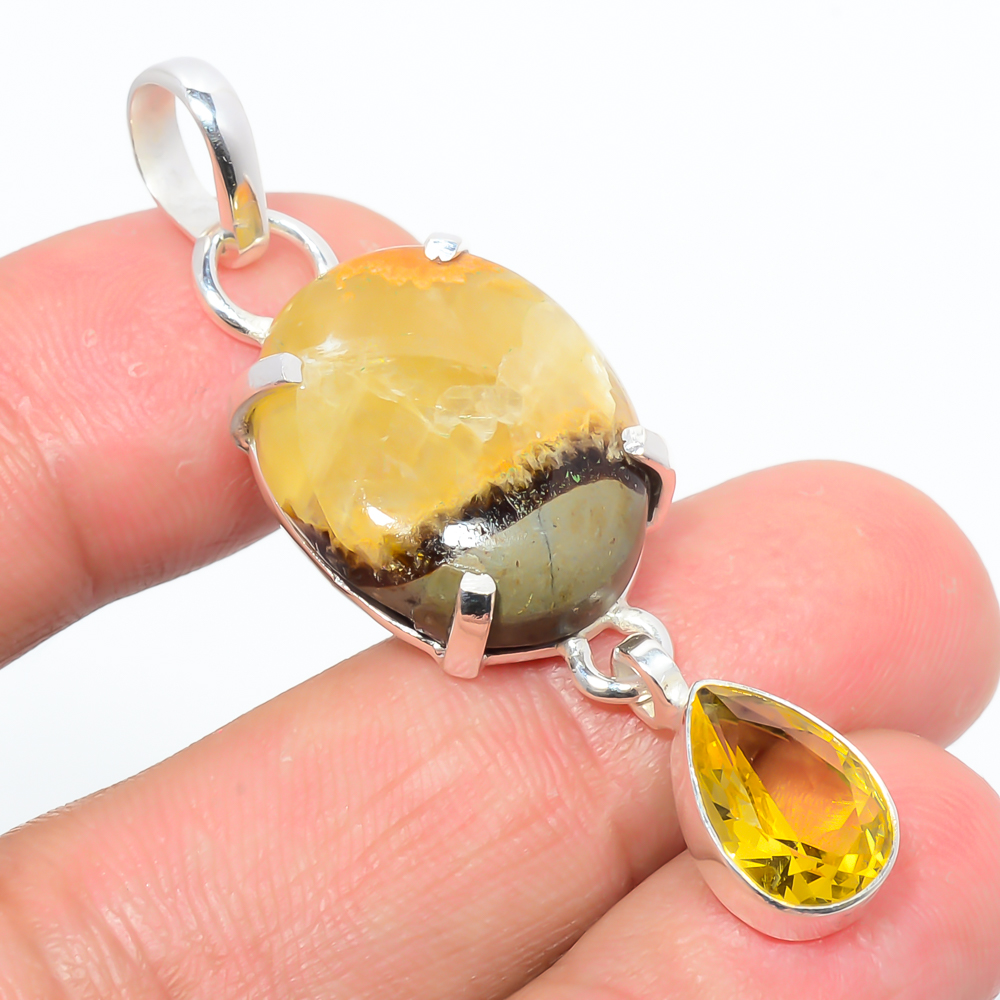 Septerian Stone & Citrine 925 Sterling Silver Pendant, Handmade Pendant, Oval Pendant, Brown Pendant, Unique Silver Pendant, Fine Pendant, Silver Jewelry Pendant