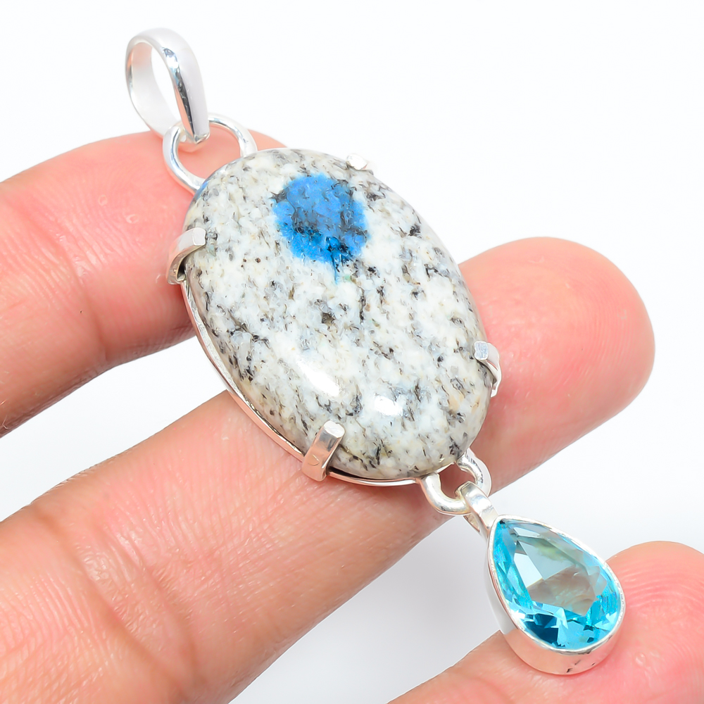 K2 Blue Azurite & Topaz 925 Sterling Silver Pendant, Handmade Pendant, Oval Pendant, Blue Pendant, Unique Silver Pendant, Fine Pendant, Silver Jewelry Pendant