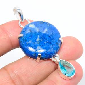 Lazulite & Topaz 925 Sterling Silver Pendant, Handmade Pendant, Round Pendant, Blue Pendant, Unique Silver Pendant, Fine Pendant, Silver Jewelry Pendant