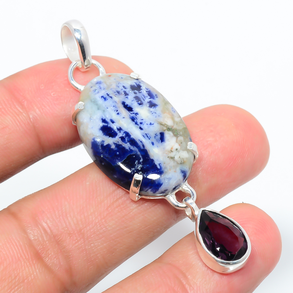 Sodalite & Amethyst 925 Sterling Silver Pendant, Handmade Pendant, Oval Pendant, Blue Pendant, Unique Silver Pendant, Fine Pendant, Silver Jewelry Pendant